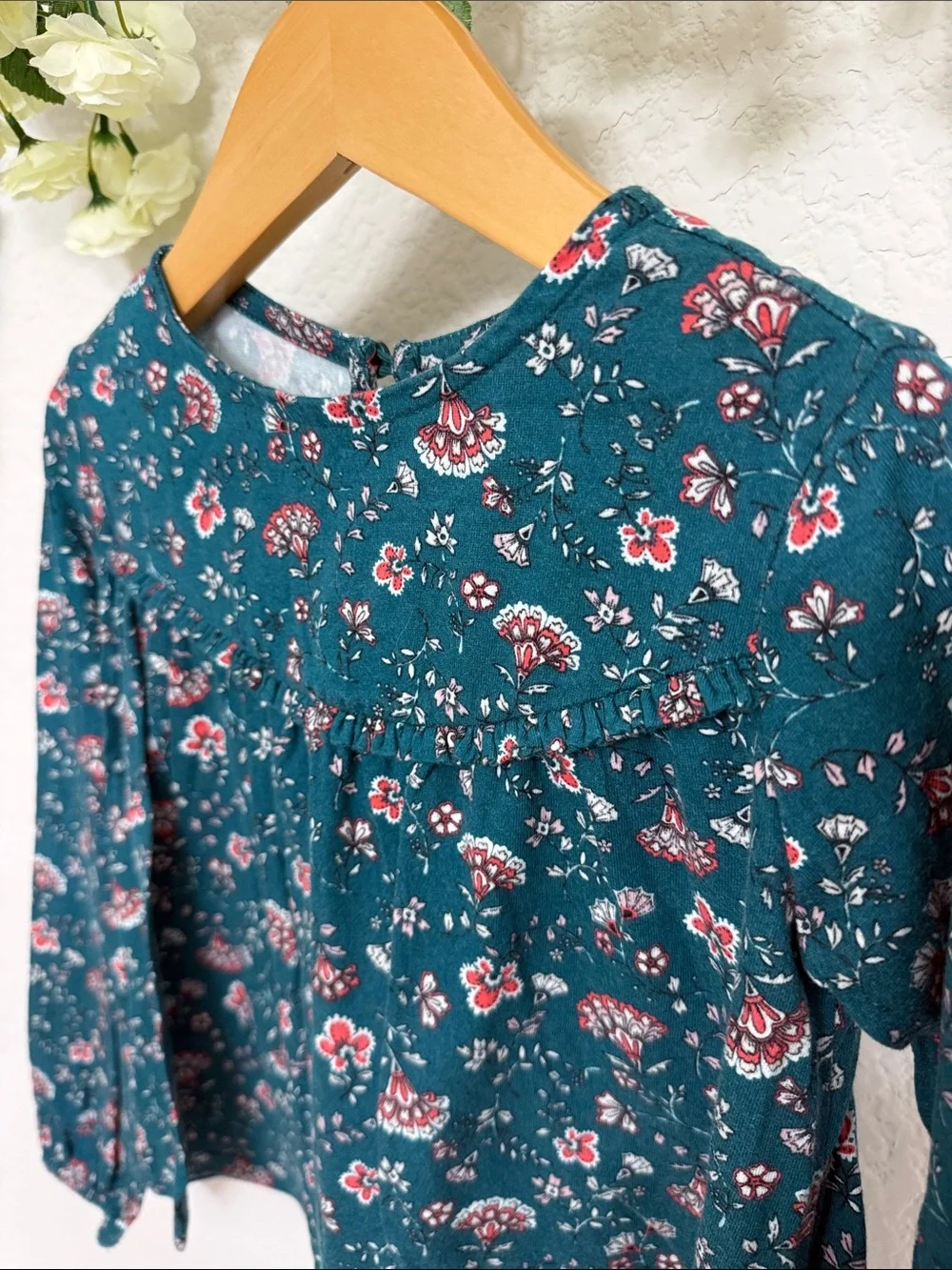 Old Navy • Teal Ruffle Cotton Long-Sleeve Top with Red Floral Accents